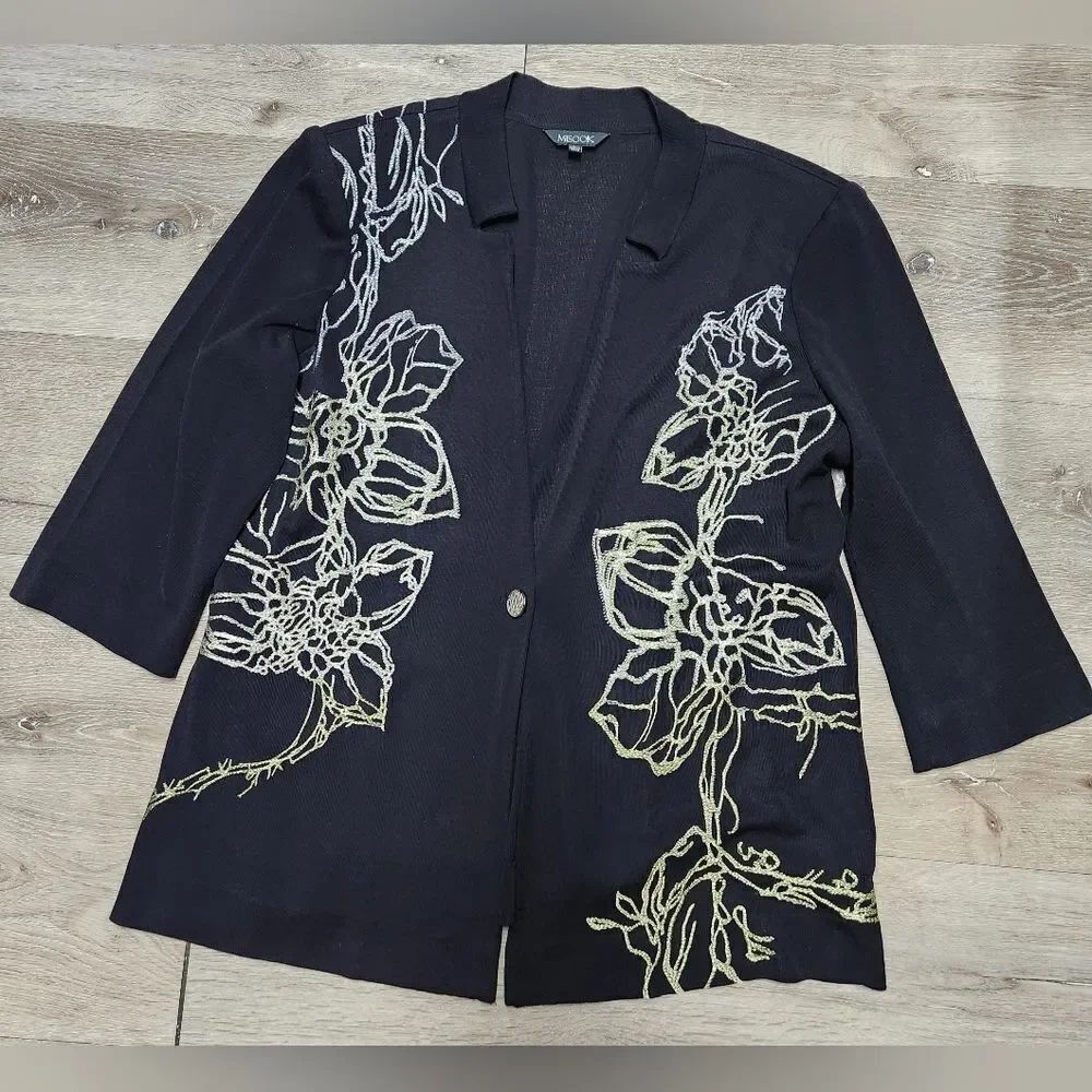 MISOOK Embroidered One Button Knit Suit Jacket Black Shoulder Padded Size L